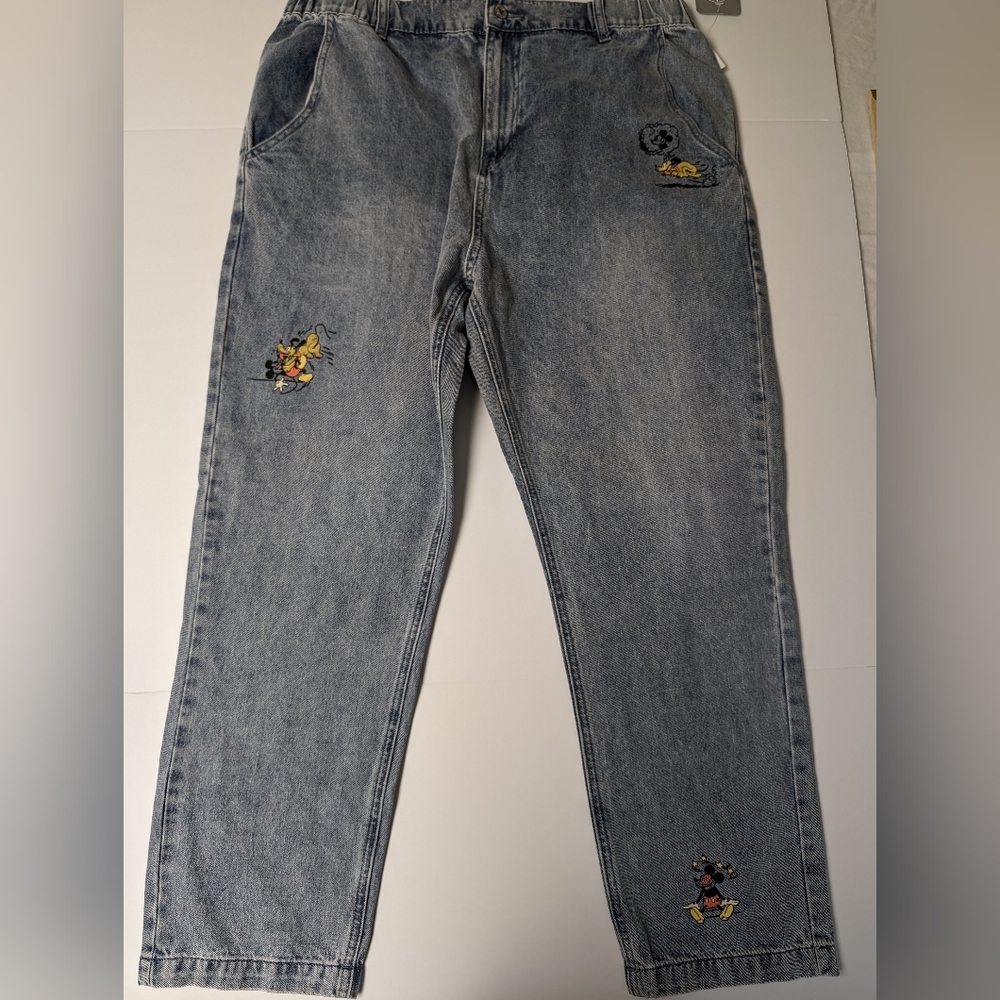 Mickey Mouse & Pluto Relaxed Jean Denim Pants Our Universe Sz XXL Elastic Japan